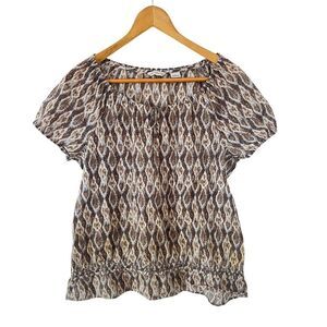 Liz Claiborne Brown Pattern Lightweight Cotton Boho Short Sleeve Blouse